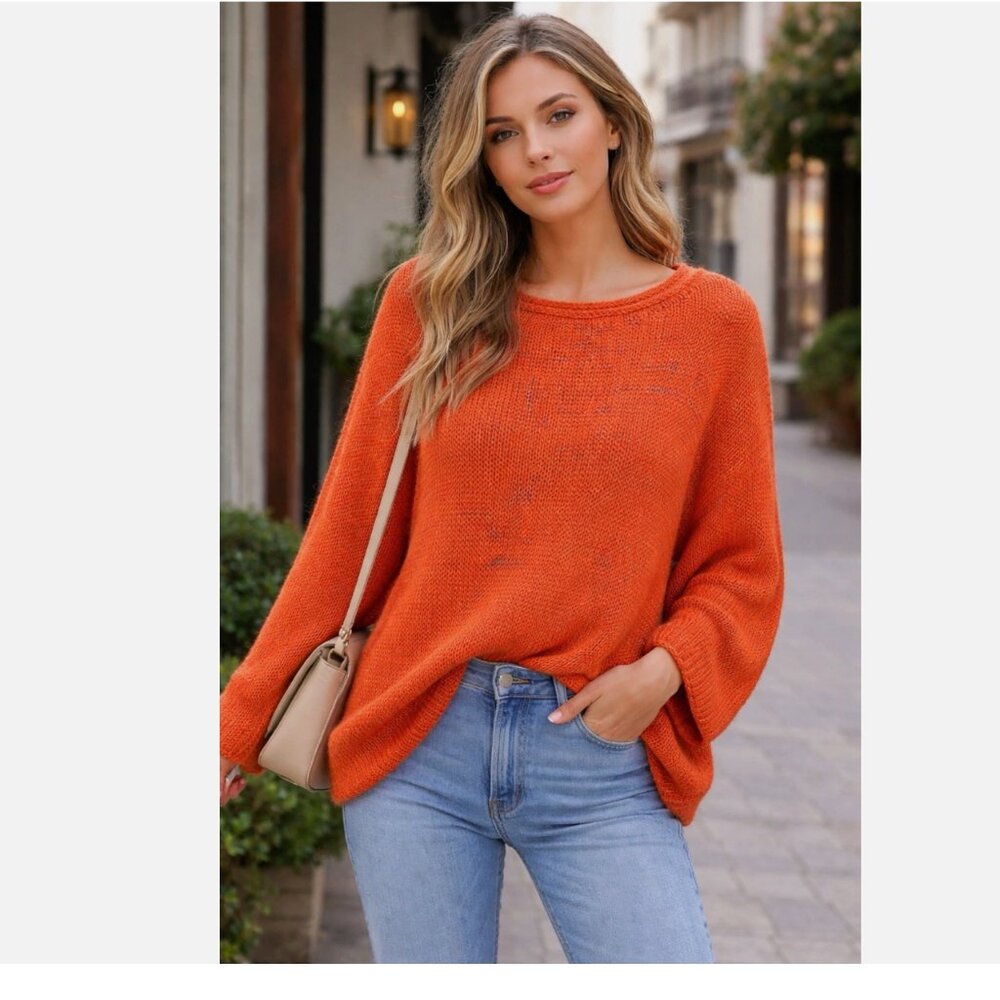 Handmade Womens Hand Knit Orange Gold Mohair Alpaca Silk Lurex Sweater Pullover